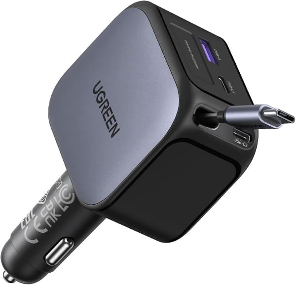 UGREEN 145W Cargador de Coche con cable retráctil