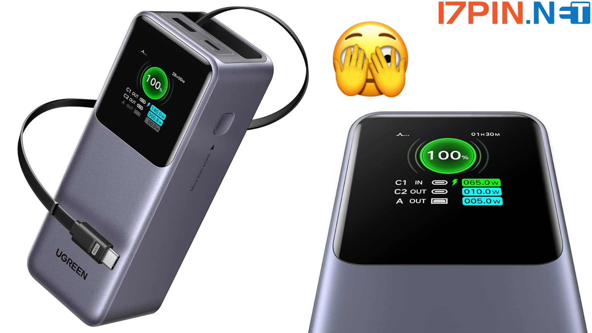 UGREEN Nexode 20000mAh Banco de Energía con Cable Retráctil