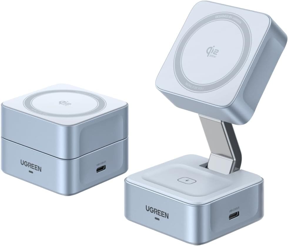 UGREEN MagFlow Qi2 25W 2 en 1 — cargador inalámbrico magnético para iPhone y AirPods